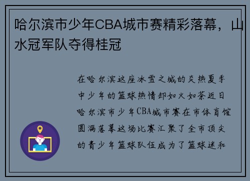 哈尔滨市少年CBA城市赛精彩落幕，山水冠军队夺得桂冠